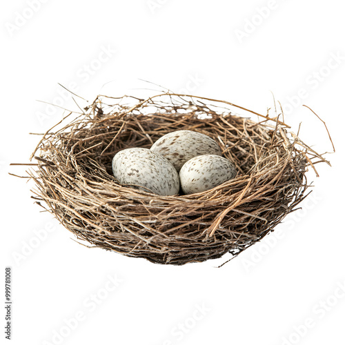 A nest containing three speckled eggs on a black background, showcasing a natural and delicate environment.