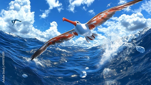 Albatross Flying Over Ocean Waves With Blue Sky and Clouds