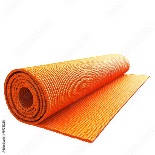 Vibrant orange yoga mat rolled out, perfect for workouts, meditation, and fitness routines, showcasing its textured surface and flexibility.