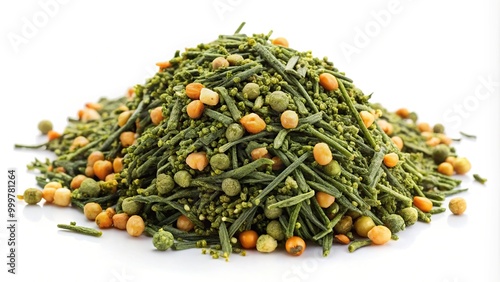 Green tea Japanese Genmaicha tea mixed with roasted popped brown rice heap isolated on white background photo