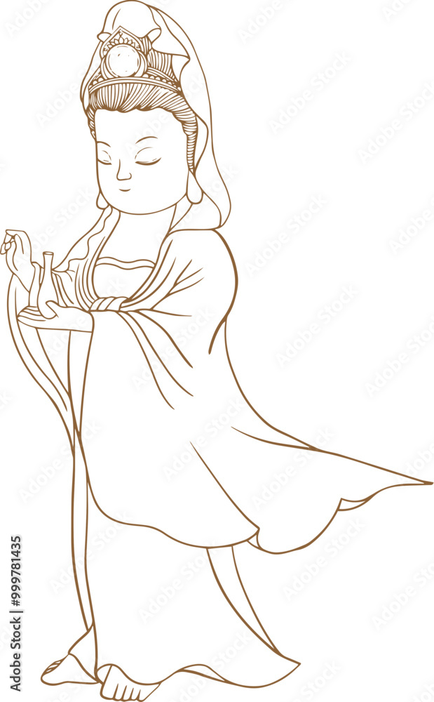 Buddhist Guanyin Bodhisattva moon cute illustration outline line. Translation Buddhist Guanyin Bodhisattva moon cute illustration outline line. Translation
