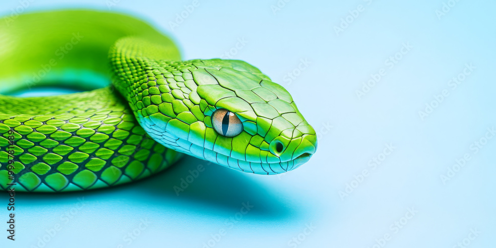 Obraz premium A vibrant green snake is coiled on a smooth light blue background, showcasing its detailed scales and sharp gaze, creating a striking color contrast. 