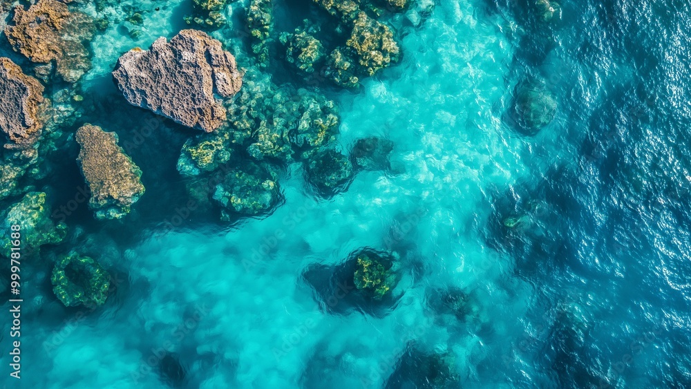 Fototapeta premium Photographs of rocky coastlines and aerial views showcase the colors of the deep sea.