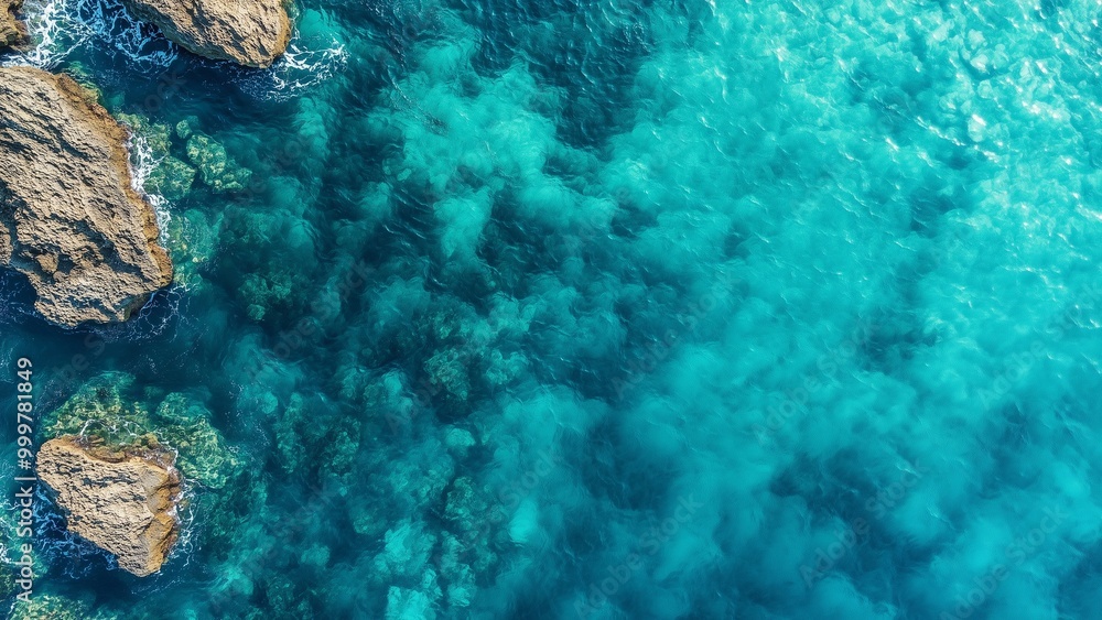 Fototapeta premium Photographs of rocky coastlines and aerial views showcase the colors of the deep sea.