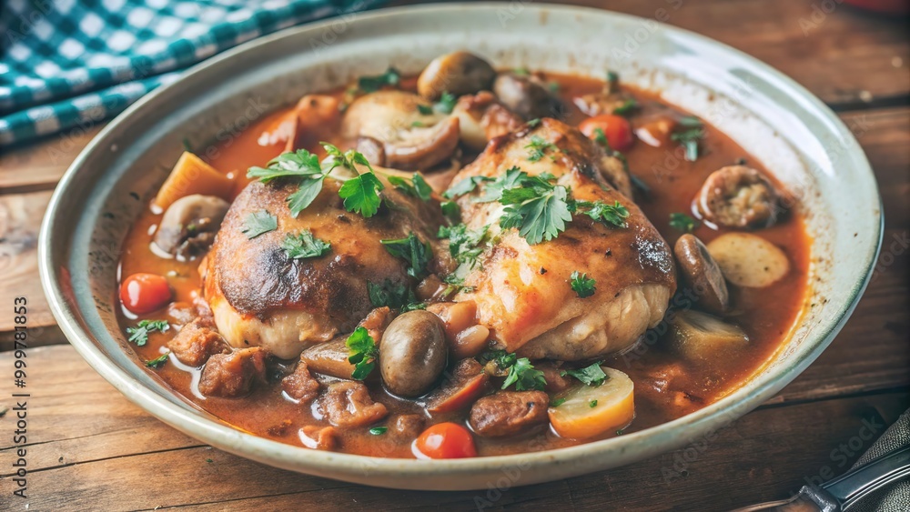 Savory chicken chasseur served in a rustic bowl with mushrooms and vegetables on a wooden table Savory chicken chasseur served in a rustic bowl with mushrooms and vegetables on a wooden table