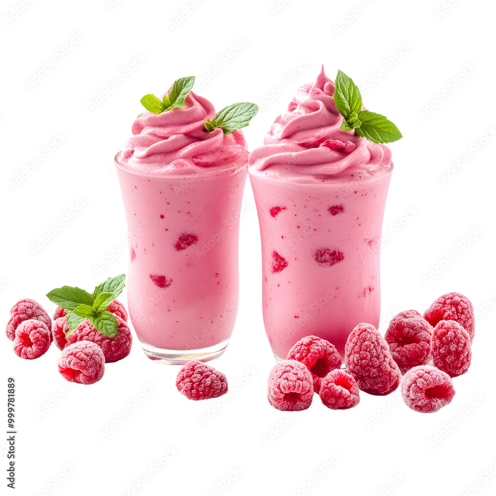 Two pink raspberry smoothies topped with mint leaves are presented alongside fresh raspberries, creating a refreshing and delightful visual treat.