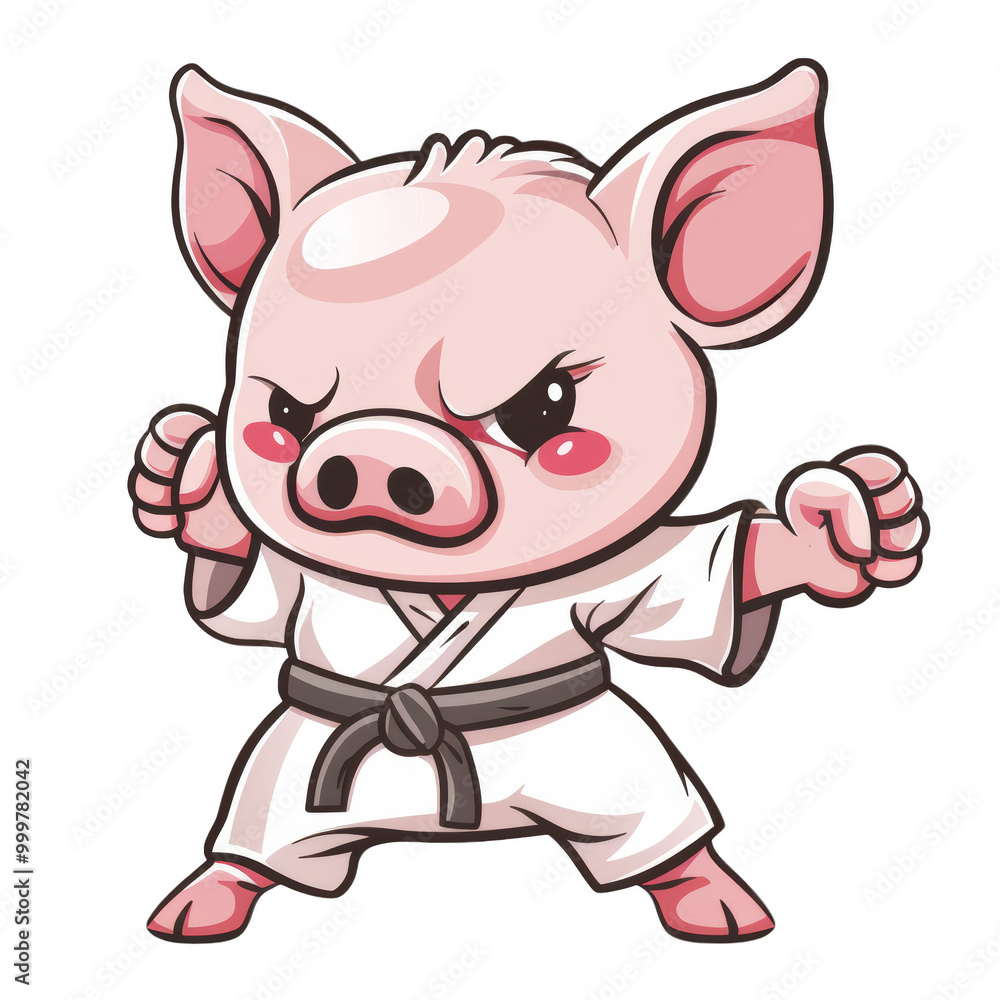 A cute piglet in a karate uniform with a black belt, looking determined to fight. A cute piglet in a karate uniform with a black belt, looking determined to fight.