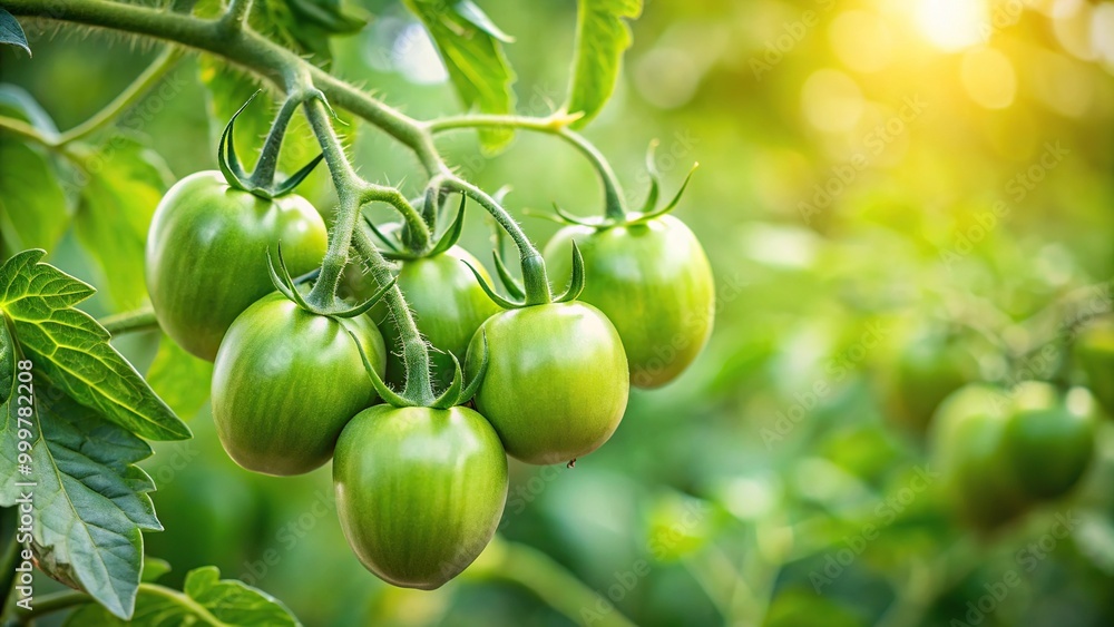 Green unripe tomatoes hanging on a tomato bush branch Green unripe tomatoes hanging on a tomato bush branch