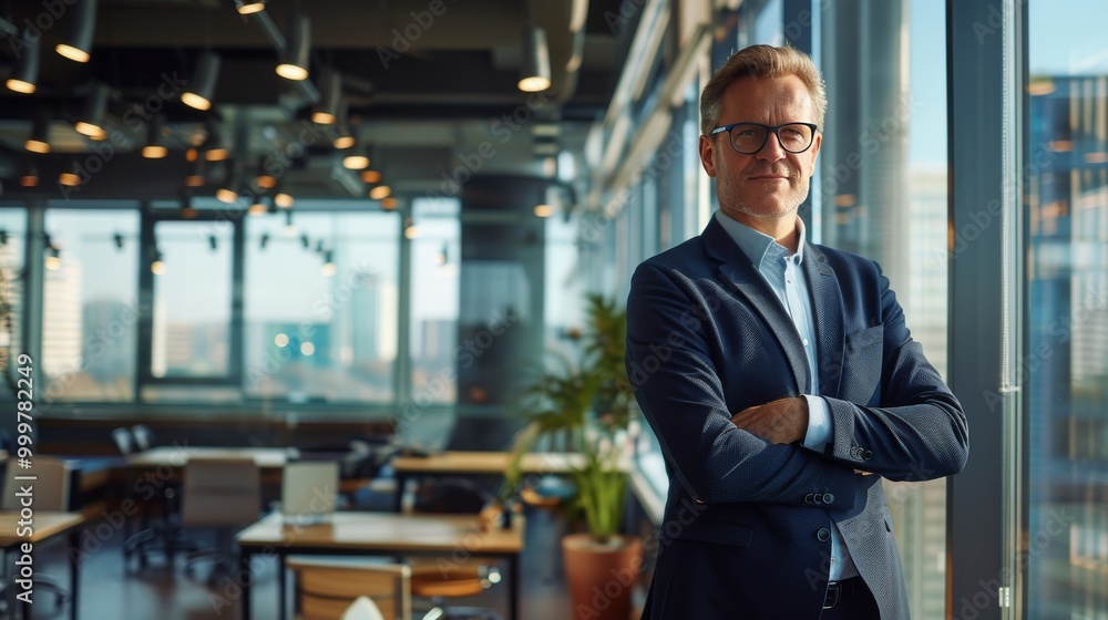 Experienced manager in a stylish corporate office, navy suit Experienced manager in a stylish corporate office, navy suit