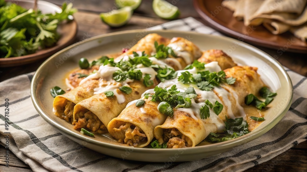 Delicious homemade chicken enchiladas topped with fresh cilantro and sour cream, served with lime wedges on a rustic wooden table Delicious homemade chicken enchiladas topped with fresh cilantro and sour cream, served with lime wedges on a rustic wooden table