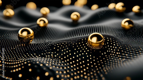 Abstract Gold Spheres on Black Wavy Surface