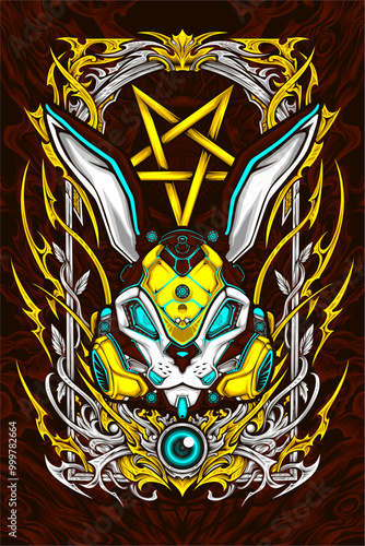 robotic cyberpunk rabbit mask illustration for t shirt design