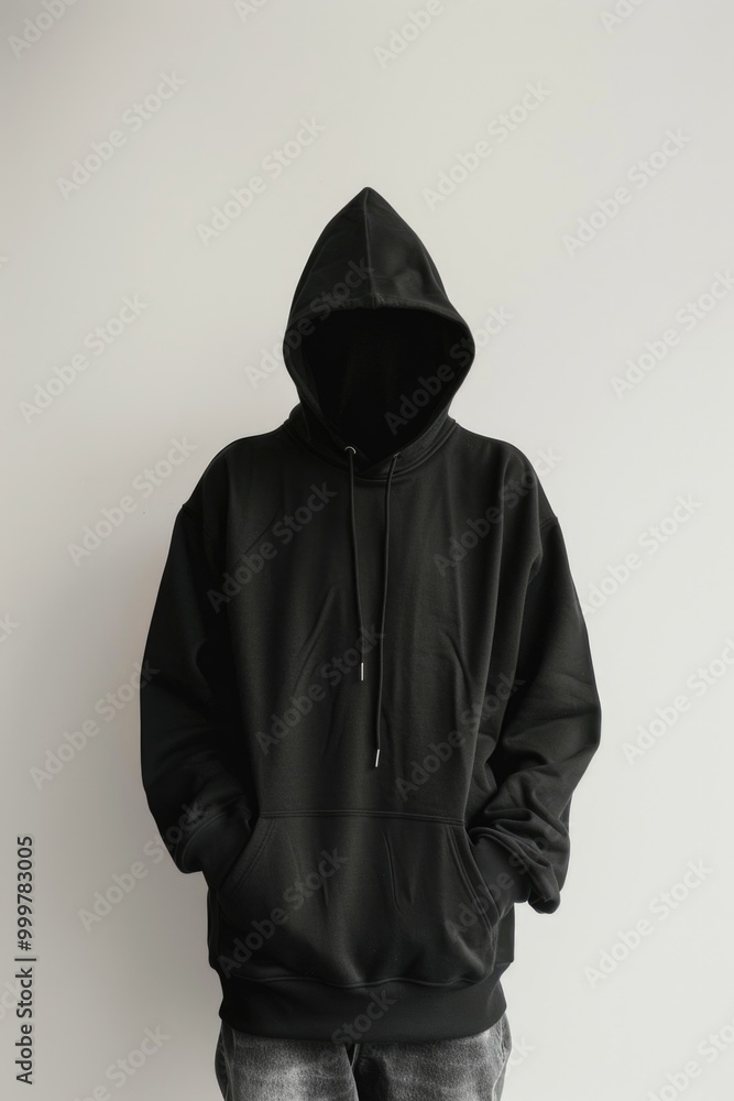 A person wearing a black hoodie stands against a plain white wall, ideal for use as a profile or portrait image A person wearing a black hoodie stands against a plain white wall, ideal for use as a profile or portrait image