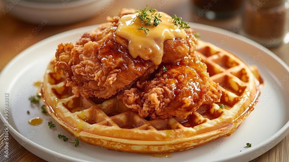 Crispy Fried Chicken and Waffles with Syrup and Butter Crispy Fried Chicken and Waffles with Syrup and Butter