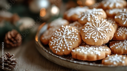 This festive image features a plate of Christmas cookies adorned with intricate snowflake icing, perfectly capturing the holiday spirit with beautifully decorated, seasonal treats.