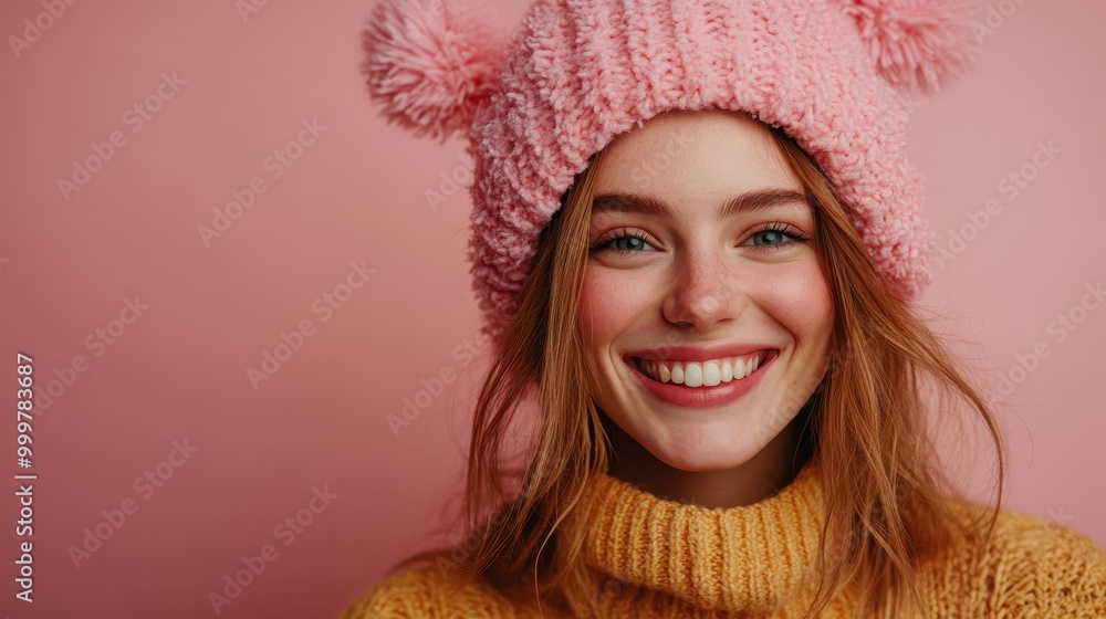 A joyful woman beams with delight while wearing a textured pink knit hat and a warm golden-yellow sweater, set against a complementary pink background. A joyful woman beams with delight while wearing a textured pink knit hat and a warm golden-yellow sweater, set against a complementary pink background.