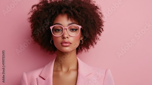 A fashionable woman poses confidently in a pink blazer, her round glasses adding a touch of sophistication, complementing her chic, urban look against a pink wall. photo