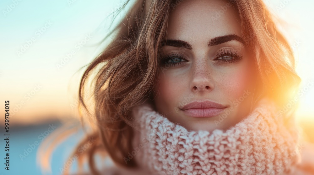 Close-up of a woman glowing with warmth, wrapped in a pink knit scarf, with soft natural light creating a serene and peaceful mood at sunset. Close-up of a woman glowing with warmth, wrapped in a pink knit scarf, with soft natural light creating a serene and peaceful mood at sunset.