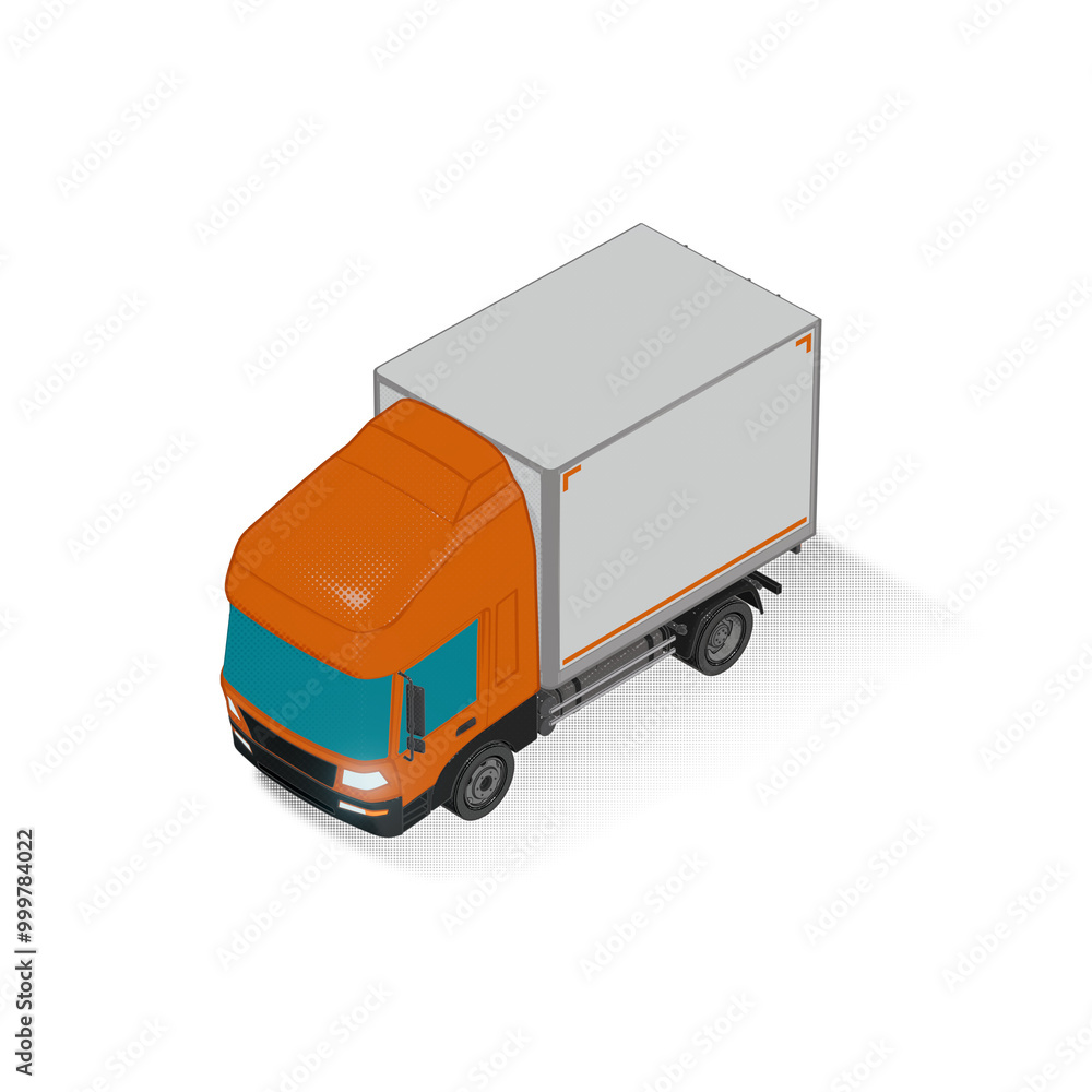 3D Isometric Cargo Truck Half Tone Vector Illustration Modern Orange Cabine and White Van City Delivery Vehicle 4x2 Design for Logistics and Transport Presentation Social Media Video Promo Front Left 3D Isometric Cargo Truck Half Tone Vector Illustration Modern Orange Cabine and White Van City Delivery Vehicle 4x2 Design for Logistics and Transport Presentation Social Media Video Promo Front Left