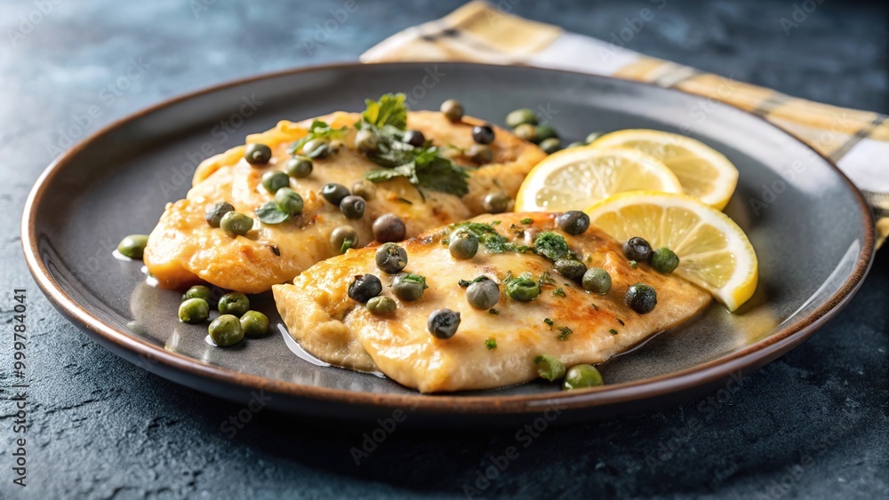 Delicious chicken piccata served on a rustic plate with fresh lemon slices and vibrant green capers during a cozy dinner setting Delicious chicken piccata served on a rustic plate with fresh lemon slices and vibrant green capers during a cozy dinner setting