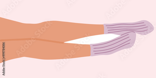 Flat vector illustration of legs lying on the floor. The right one is slightly bent and dilacately touching the other. The lilac socks with elastic band are on the feets.