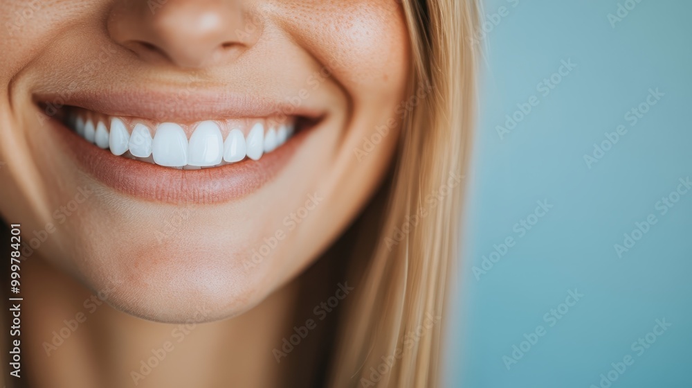 This image showcases a close-up shot focusing on a woman's smile with perfectly white teeth, captured under natural lighting to highlight dental hygiene and health. This image showcases a close-up shot focusing on a woman's smile with perfectly white teeth, captured under natural lighting to highlight dental hygiene and health.