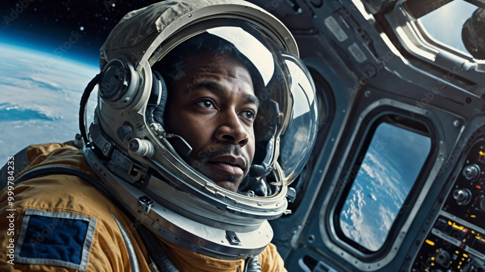 Portrait of confident african american man in space suit. Portrait of confident african american man in space suit.