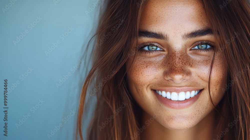 A close-up image of a young woman with freckles and a radiant smile, expressing positivity, happiness, and natural beauty, captured in a bright setting. A close-up image of a young woman with freckles and a radiant smile, expressing positivity, happiness, and natural beauty, captured in a bright setting.