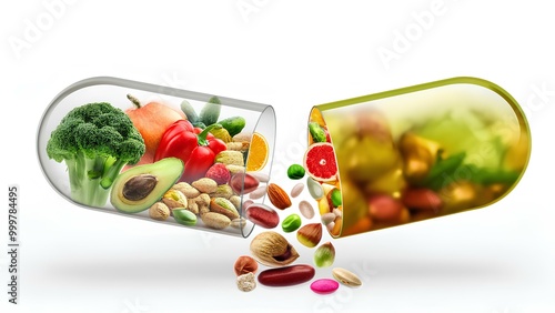 Food and vitamin supplements in tablets, on a white background. Transparent capsule with fruits, vegetables, nuts inside. Concept: medical health, healthy nutrition.