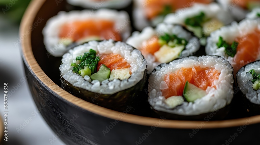 A close-up view of a bowl filled with freshly prepared sushi rolls, featuring vibrant ingredients that highlight the intricate art and appeal of Japanese culinary craftsmanship. A close-up view of a bowl filled with freshly prepared sushi rolls, featuring vibrant ingredients that highlight the intricate art and appeal of Japanese culinary craftsmanship.