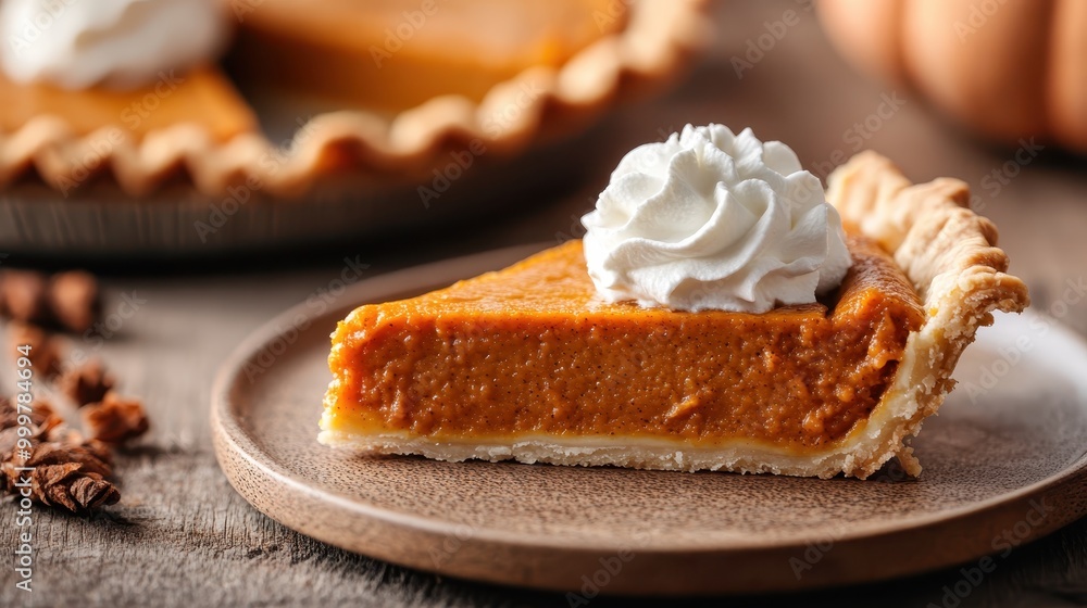 A close-up shot of a mouthwatering pumpkin pie slice topped with whipped cream. The intricate texture of the pie and the smoothness of the cream are clearly visible. A close-up shot of a mouthwatering pumpkin pie slice topped with whipped cream. The intricate texture of the pie and the smoothness of the cream are clearly visible.