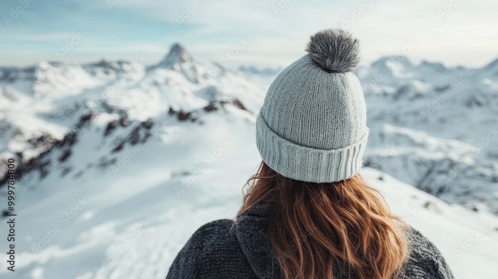 A woman in a grey beanie and winter attire gazes upon snowy mountain peaks in a serene, panoramic landscape, representing a moment of contemplation and connection with the vast wilderness. A woman in a grey beanie and winter attire gazes upon snowy mountain peaks in a serene, panoramic landscape, representing a moment of contemplation and connection with the vast wilderness.