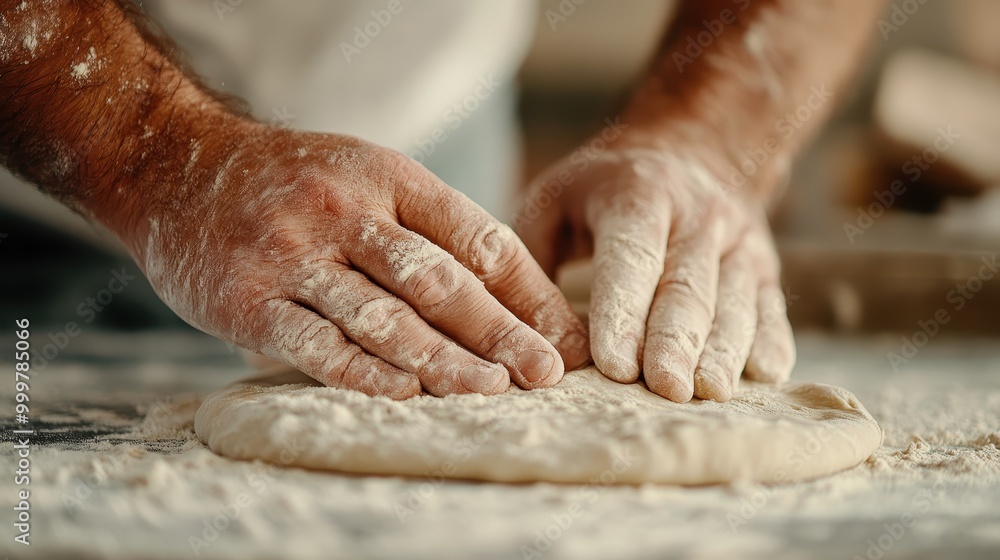 A close-up image of a person's hands shaping and kneading dough on a floured kitchen countertop, indicating the preparation of homemade bread or pastries. A close-up image of a person's hands shaping and kneading dough on a floured kitchen countertop, indicating the preparation of homemade bread or pastries.