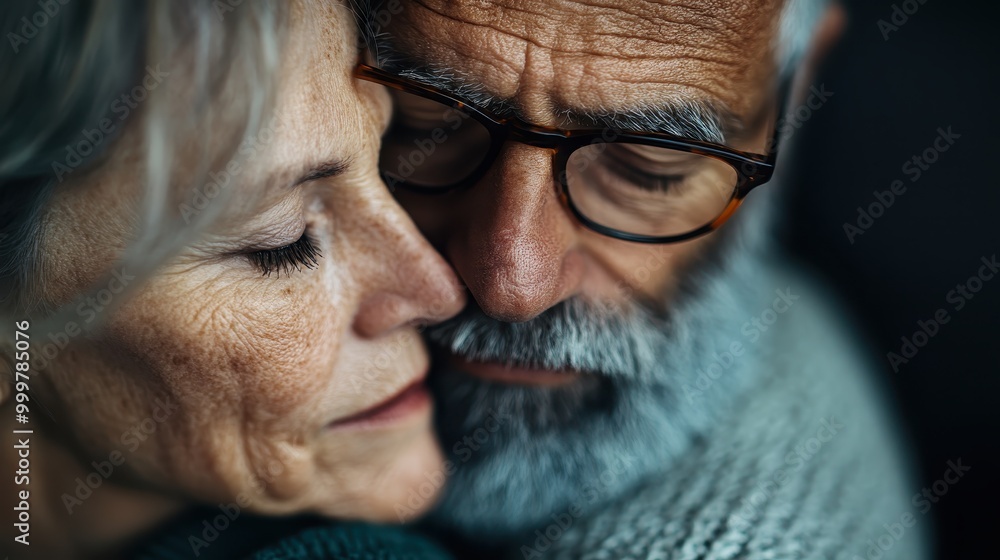 A close-up of an elderly couple embracing, conveying love, intimacy, and connection while showcasing wrinkles, grey hair, and glasses in soft lighting. A close-up of an elderly couple embracing, conveying love, intimacy, and connection while showcasing wrinkles, grey hair, and glasses in soft lighting.