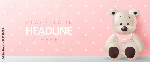 3D vector with cute bear doll with copy space on polka dot blue background for girl banner, baby shower, birthday greeting card, children's day, kid poster, social media, wallpaper and website.