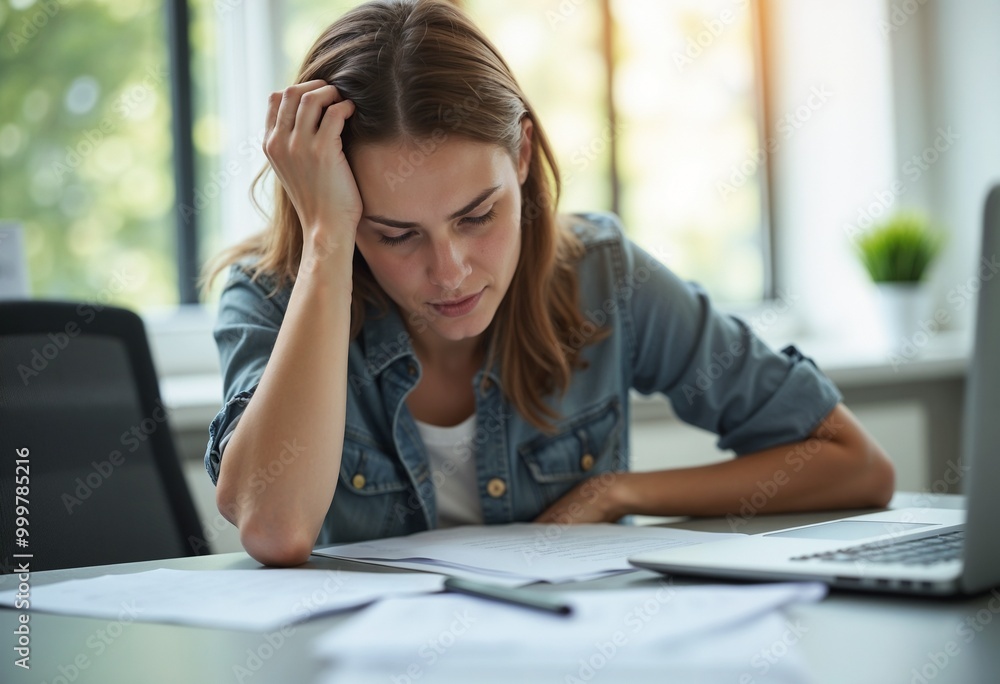 Stressed young woman working at her desk with paperwork and calculator in a bright office Stressed young woman working at her desk with paperwork and calculator in a bright office