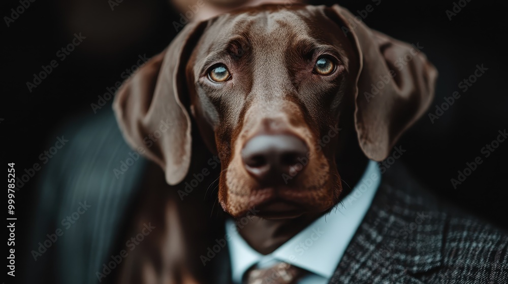 A well-dressed dog in a suit and tie, posing formally and looking directly into the camera with an inquisitive expression, creating a humorous and charming visual. A well-dressed dog in a suit and tie, posing formally and looking directly into the camera with an inquisitive expression, creating a humorous and charming visual.