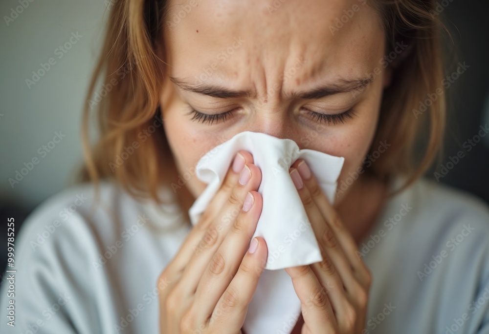 Young woman feeling unwell and blowing her nose with a tissue indoors Young woman feeling unwell and blowing her nose with a tissue indoors