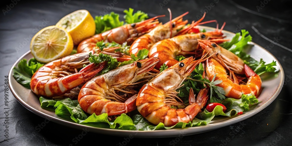 Grilled Jumbo Shrimps served with fresh salad and lemon on a white plate and black background Extreme Close-Up Grilled Jumbo Shrimps served with fresh salad and lemon on a white plate and black background Extreme Close-Up