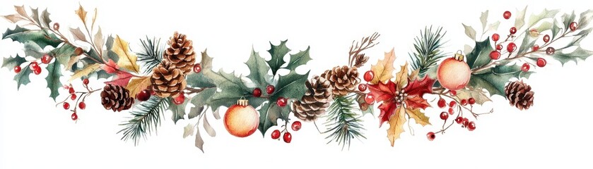 A beautiful watercolor arrangement featuring pinecones, holly, and ornaments, perfect for holiday decorations, greeting cards, or festive invitations, Enhance your seasonal projects with this design,