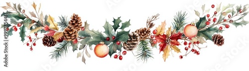 A beautiful watercolor arrangement featuring pinecones, holly, and ornaments, perfect for holiday decorations, greeting cards, or festive invitations, Enhance your seasonal projects with this design, photo