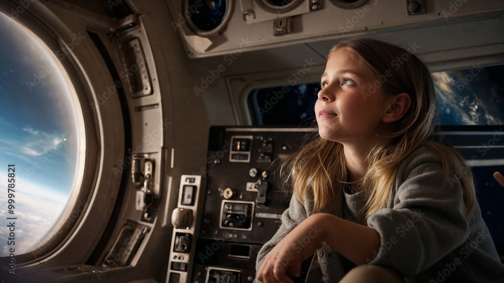 Little girl in the cabin of a small aircraft. The girl is looking at the camera. Little girl in the cabin of a small aircraft. The girl is looking at the camera.