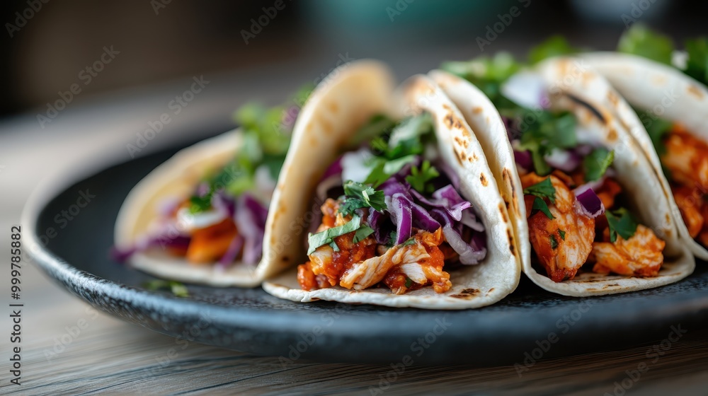 A close-up image of three chicken tacos filled with juicy chicken, vibrant purple cabbage, and topped with fresh cilantro presented on a tasteful black plate on a table. A close-up image of three chicken tacos filled with juicy chicken, vibrant purple cabbage, and topped with fresh cilantro presented on a tasteful black plate on a table.
