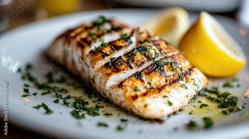 A beautifully plated dish of grilled fish is served with lemon wedges and parsley, showcasing a healthy and appetizing meal, ready to be savored.