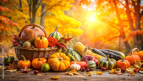 Autumn background with pumpkins, leaves and bokeh lights. Thanksgiving background.
