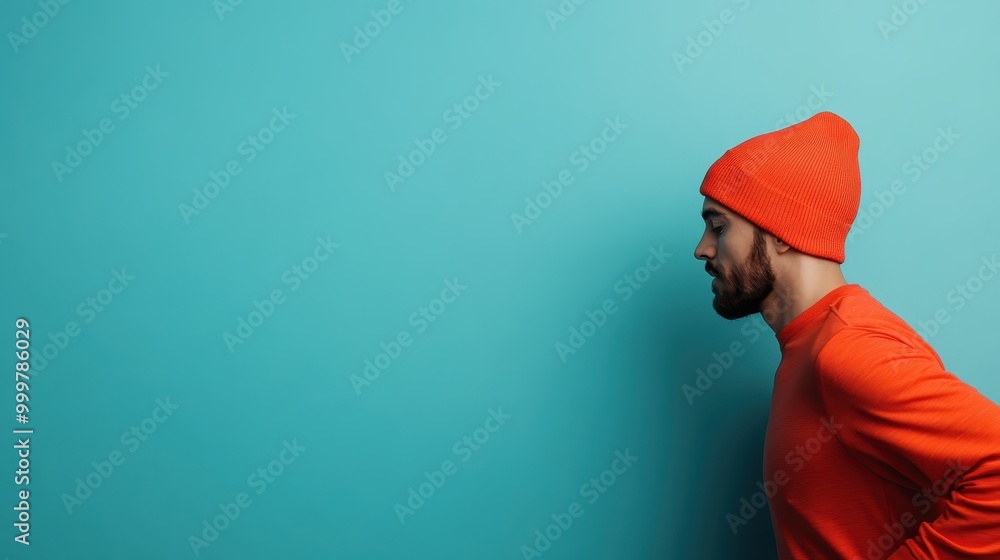 A man in vibrant orange clothing and a matching hat is shown against a solid turquoise background, providing a striking contrast and highlighting the simplicity in modern fashion. A man in vibrant orange clothing and a matching hat is shown against a solid turquoise background, providing a striking contrast and highlighting the simplicity in modern fashion.
