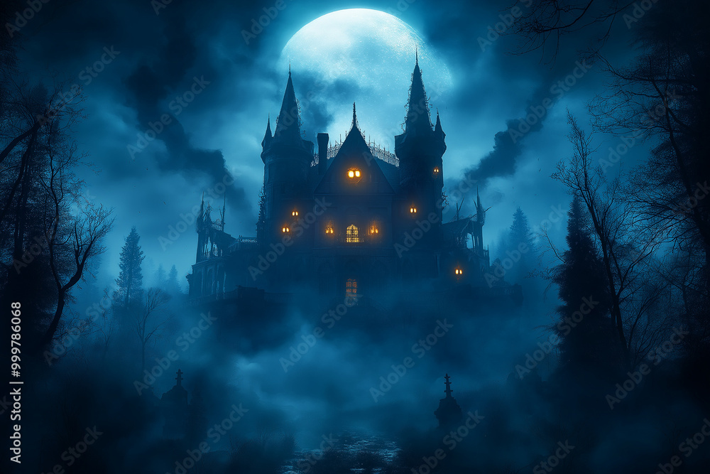 This stunning image captures a hauntingly beautiful scene of a gothic castle illuminated by the soft glow of its windows under a full moon. This stunning image captures a hauntingly beautiful scene of a gothic castle illuminated by the soft glow of its windows under a full moon.