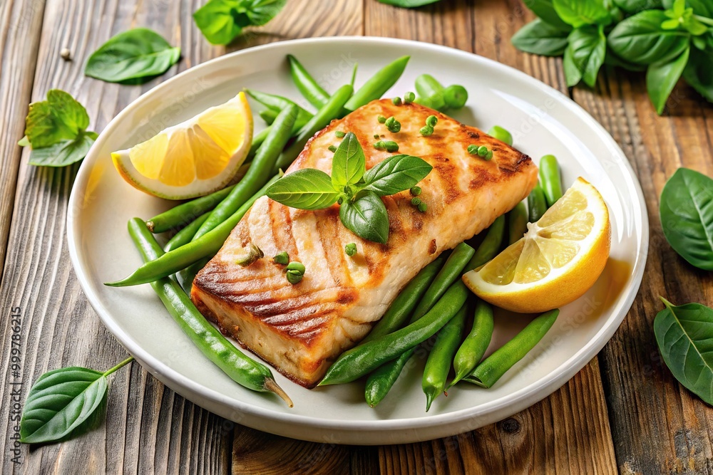 Grilled salmon dish garnished with lemon and basil, served with green beans Grilled salmon dish garnished with lemon and basil, served with green beans