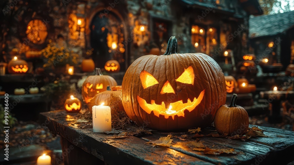 rustic wooden table adorned with carved pumpkins warm candlelight casts spooky shadows autumnal ambiance halloween decorations create festive glow cozy seasonal display rustic wooden table adorned with carved pumpkins warm candlelight casts spooky shadows autumnal ambiance halloween decorations create festive glow cozy seasonal display