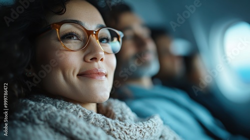 A relaxed passenger with wavy hair, knits scarves, and glasses aboard a flight looks out contentedly, embodying tranquility and the joy of travel. photo